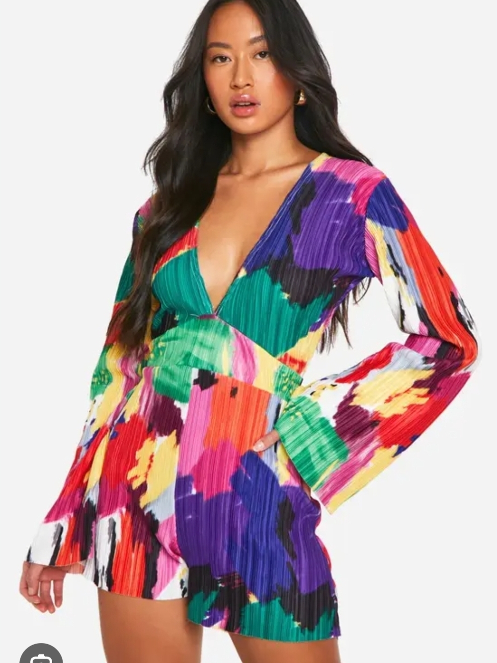 Boohoo NWT Abstract Plisse Twist Front Long Sleeve Mini Dress Size 8